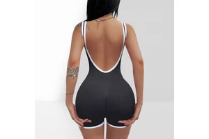 Women's Sleeveless Sports Jumpsuit with Low Neck Contrast Color Hip Lift V-Back Seamless Gym Suit for Running Stretchy Bodysuit