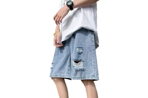 RNSHANGER Summer Beach Men's Casual Denim Shorts Loose Solid Color Hole Straight Shorts Street Thin Washed Male Denim Shorts