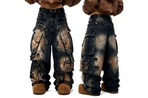YSJY OEM Manufacturer Custom Designer Y2k Vintage Baggy Plus Size Mens Jeans Double Waisted Heavy Mud Wash Cargo Jeans for Man