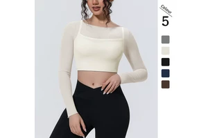 Women's Lightweight Mesh Yoga Crop Top Long Sleeve Built-in Bra Breathable Four-Way Stretch Quick Dry for Gym Pilates Running