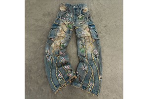 Fashion Custom-made Vintage Winter Mid-rise High-waist Stone-washed Denim Loose-fitting Stretch Embroidered 100% Cotton Men's