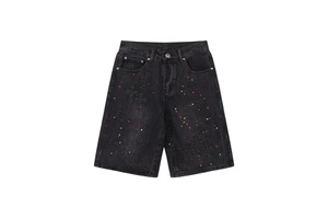 Men's Custom Denim Shorts With Cross Embroidery Painted Splatter Loose Fit Streetwear Casual Summer Fashion Jeans Shorts