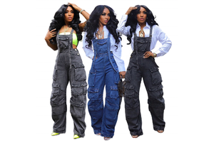 NY8160 High Quality Fashion Cargo Denim Jumpsuits Women Wide Leg Overalls Loose Strap Jean Jumpsuit Women