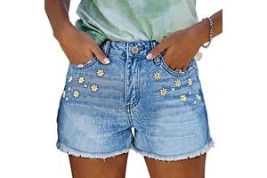 EXORO APPARELS Women's Mid Waist Denim Shorts Frayed Hem Summer Casual Light Blue Cotton Straight Leg Breathable Medium Wash