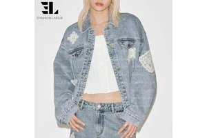 LARSUR Custom Factory Lace Applique Embroidered 11-15 Oz Heavy Denim Jacket Wash Classic Cowboy Western Wear Jeans Jacket Women