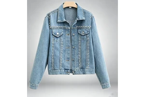 Spring Autumn Women's Casual Denim Jeans Jacket with Pearls Button-Up Collar Blazer Style Long Sleeves