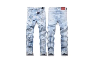 Quality Mens Jeans Denim Pants Indigo Printed Light Luxury Stylish OEM Service High Street Mid Multi Hole Thread Mens for Men