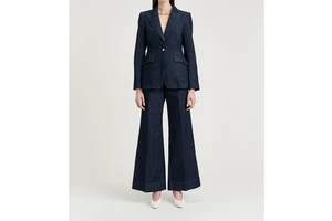 Women Dark Denim Suit Set Single Button Notched Lapel Blazer High Waist Flare Wide Leg Pants Two Piece Outfit Office