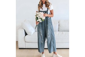 Women's Distressed Denim Overalls Wholesale Wide Leg Slouchy Jeans Jumpsuit Streetwear Vintage Grunge Ripped Bib Pants