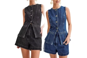 Channel Summer Elegant Denim Button Down Sleeveless Jacket Vest Top and Shorts Suit Sets for Women Jean Two Piece Set Outfits