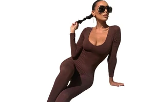 Women's Summer Sports Fitness Jumpsuit Low Neck High Waist Solid Color Skinny Women's Sexy Slim Fit Long Sleeve Jumpsuit