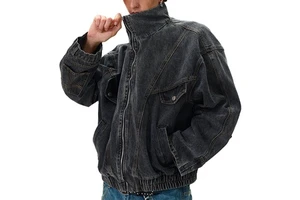 Custom Oversized Distressed Jean Street Wear Men Zipper Closure Black Vintage Wash Ripped Denim Jacket