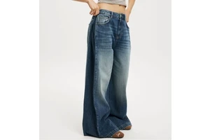 High Quality Regular Fit Denim Jeans for Women Summer Street-Style Dark Washed Vintage Casual Pants Wide-Leg Zippers Waist Logo