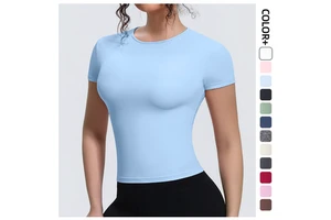 Cross border New Sports Bare Sensation Waist Slimming Short Sleeved Breathable Tight-fitting Yoga Top