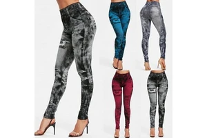 Female Summer Euro American Seamless Ripped Detail Body Shaping Denim Effect Leggings High Waist Yoga Capri Trousers