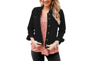 Women's Denim Jacket Vintage Loose Fit Solid Color Long Sleeves Casual Fashion Outerwear Breathable Waterproof