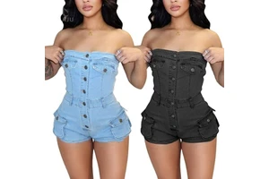 Women Summer Jeans Jumpsuit Off Shoulder Casual Elastic Denim Rompers Shorts Women