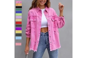 Women's Casual Denim Jacket with Solid Color Long Sleeved Perforated Loose Shirt Design