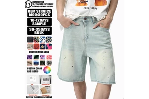 Men's Streetwear Mid Waist Knitted Light Blue Washed Denim Shorts Summer Anti-Wrinkle Breathable with Ink Splash Design