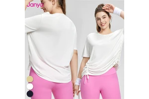 Janya Custom Logo Women's Plus Size Yoga Top Adjustable Drawstring Loose Fit Breathable Summer Gym Running Athletic Tee Yoga Top