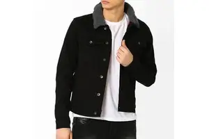Outdoor Comfortable Custom Made Men's Jeans Denim Jacket High Quality Fitted Ripped with Faux Fur Lining Stand Collar Vintage