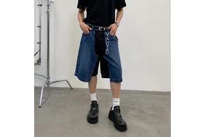 Trendy Retro Indigo Patchwork Loose Mid-waist Men's Denim Shorts OEM