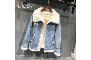 Women's Oversized Denim Jacket Thickened Fleece with Utility Style Breathable and Printed for Autumn