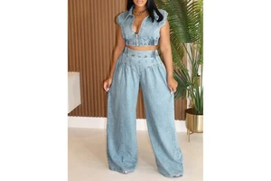 FS17269D Summer Denim Two Pieces Set Women Wide Leg Loose Jeans Suits