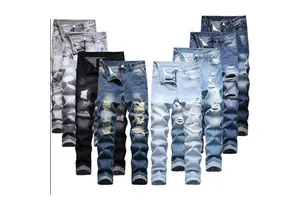 Hot Selling Plus Size Men's Ripped Jeans Blue Elastic Denim Pants Elastic Waist Loose Fit Junior Fashion For Dark Wash