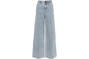 Women High Waisted Straight Jeans Loose Fit Vintage Wash Denim Pants Full Rhinestone Bling Sexy Streetwear Casual Trousers