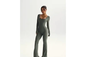 Full-Body Long Sleeve Casual Athletic Jumpsuit Women | Flare-Leg Training Bodysuit | Lightweight High-Stretch Breathable Quick