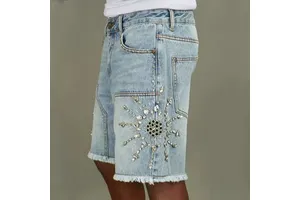 Custom Men's Street Denim Shorts Vintage Zipper 100% Cotton Light Blue Denim Raw Edge Hem Crystal-embellished Denim Shorts