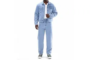 Men's Windproof Denim Jacket Pant with Stand Collar Pocket Multi-Color Casual Winter Plus Size Logo Embroidered Demin with Pants