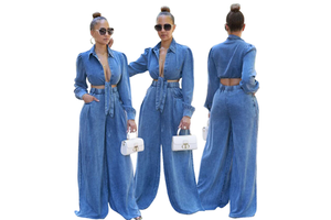 Trendy Denim Suit Outfits for Women Casual Blouse and Wide Leg Pants Denim Jeans Set 2 Piece Denim Sets for Women