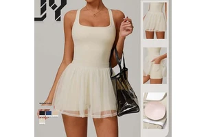 2025 Hot Sale Tennis Dress Pockets Inside Chest Pad Removed Skirt Gym Wear Fitness Jumpsuit Sport Bodysuit Women Yoga Dress