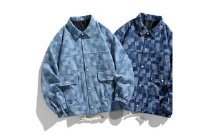 Custom Mens Jean Jacket Turn Down Collar Button Checkered Pattern Denim Jacket For Men