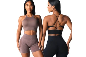 Women Cross Back Drawstring Yoga Sports Bra Lady Chest Pad Gather Gym Vest Female Nylon Crop Sleeveless Running Top