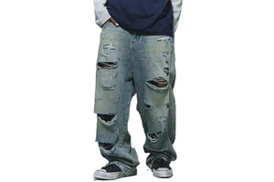 Custom Denim Jeans Men's Straight Vintage Long Pants Jeans Distressed OEM Men Sport Wear Baggy Denim Pants