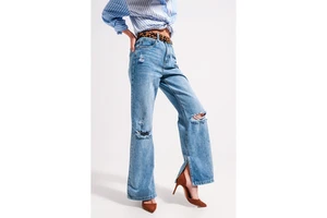High Waist Jeans With Split Hem in Vintage Wash