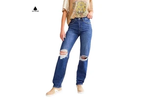 OEKO-TEX ISO3758 REACH Denim Pants Manufacturer Custom Femme Light Blue Women's Ripped Jeans Straight Leg Streetwear Jeans