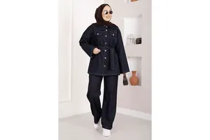 Navy Blue Women's Denim Set with Belt Detail Including Long Sleeve Jacket and Trousers Washable