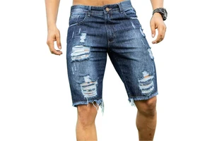 Summer Men's Blue Color Denim Shorts Loose Jeans Shorts Casual Trendy Hole Patched Denim Shorts for Male