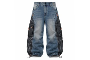 Cargo Denim Pants Men High Waist Stonewashed Loose Fit Utility Style Cotton Autumn Jeans