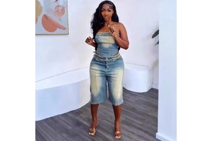 Peeqi A50319 Wholesale 2025 New Denim Outfits Women Jeans Set Fashion Strapless Corset Top Denim Shorts Two Piece Suit for Women