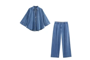 Women's 2-Piece Long Set Casual Woven Solid Denim Full Sleeve Turn-down Collar Top Bottom Daily Wear All Seasons Regular Fit