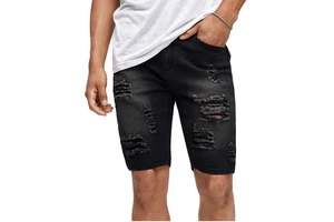 Men's Summer Casual Straight Hollow Out Denim Shorts Plus Size Mid Waist Slim-Fit Jeans Pants Black Milled Stretch Woven