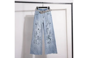 Boutique Wholesale 2026 Summer New Fashionable Lace Embroidery High Waist Slimming Wide Leg Women's Jeans