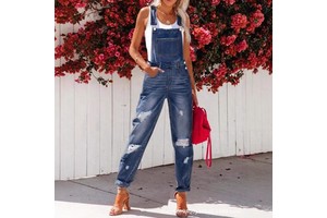 Women's Vintage Summer Jumpsuits High-Waist Distressed Denim Bib Overalls Ripped Jeans Suspender Pants Washed Casual Mom