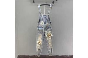 Women's Jumpsuit Denim Apron Pants Summer Wide-leg Floral Print Jeans Workwear Women's Jumpsuit