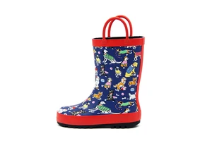 Rubber Rain Boots Double Red Pull Handle Loops Waterproof Non Slip Toddler Wellies Navy Cartoon Pet Animal Rain Shoes